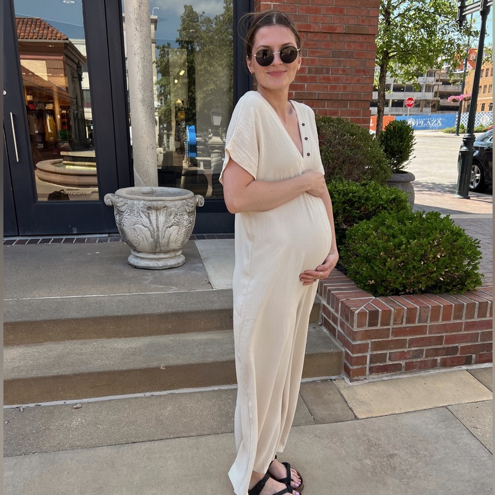 Ces Femme Cream V-Neck Maternity Jumpsuit with Button Detail